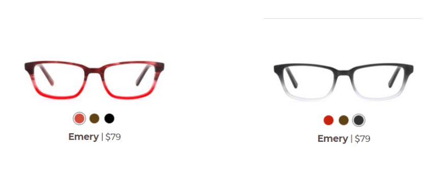 A screenshot of product color options on Liingo Eyewear