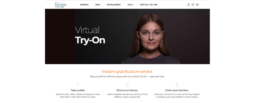 A screenshot of the Virtual Try-On tool from Liingo Eyewear