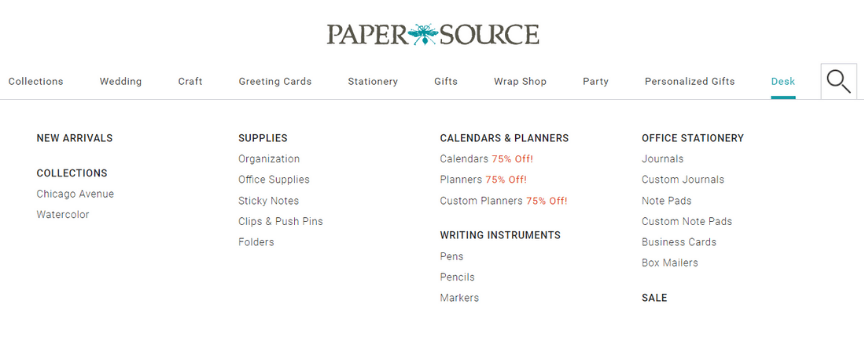 A screenshot of product menus on Paper Source